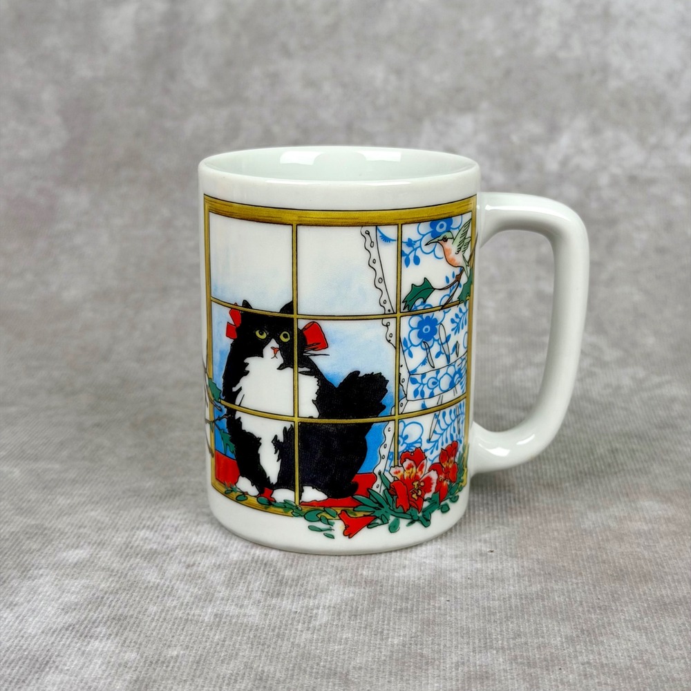 Otagiri Cindy Sugawara Tuxedo Cat Hummingbird Coffee Mug Japan Vintage White